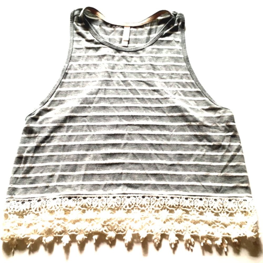 Xhilaration Gray and White Striped Crochet Tank